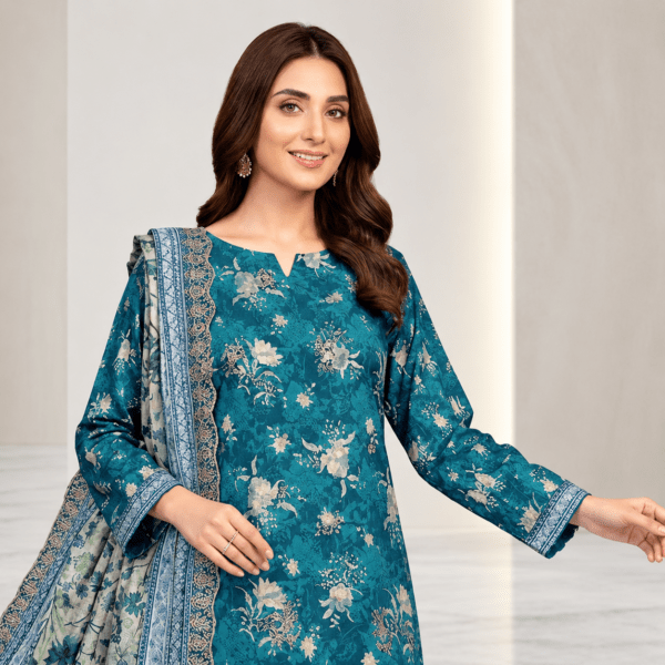 Rangrez – Premium Lawn Fabric Embroidery & Digital Print Three-Piece “Teal Blue & Grey Floral”