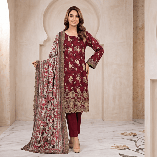 Rangrez – Premium Lawn Fabric Embroidery & Digital Print Three-Piece “Maroon & Grey Floral”