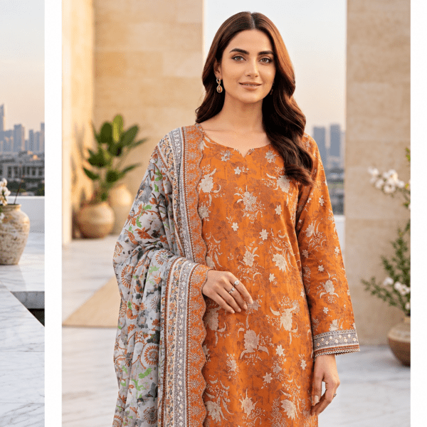 Rangrez - Premium Lawn Fabric Embroidery and Digital Print Three-Piece"Burnt Orange & Grey Floral"