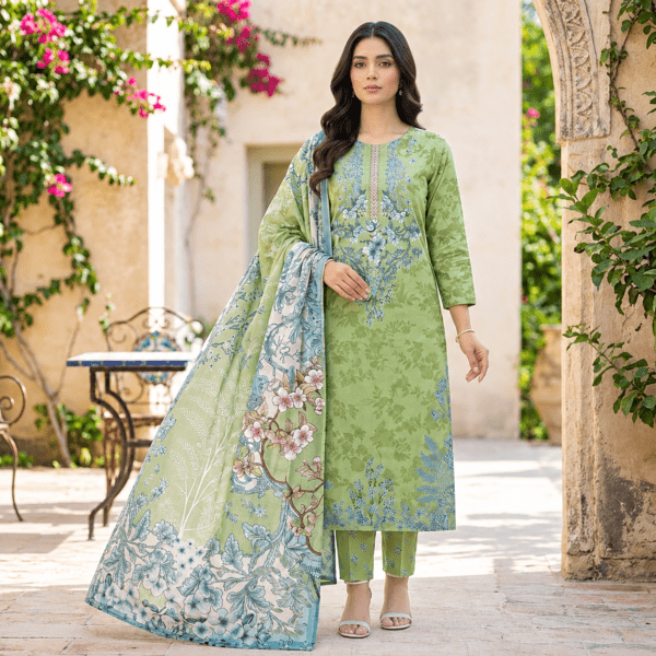 Afeen Noor – Premium Digital Printed Cotton Three-Piece “Olive Green”