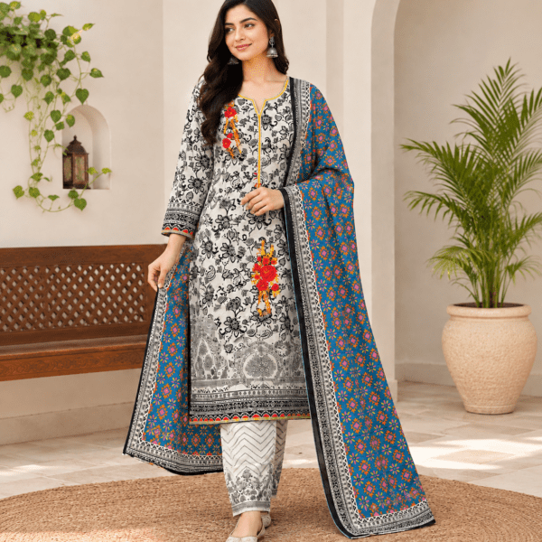 Afeen Noor – Premium Digital Printed Cotton Three-Piece "Sky Blue & White Floral"